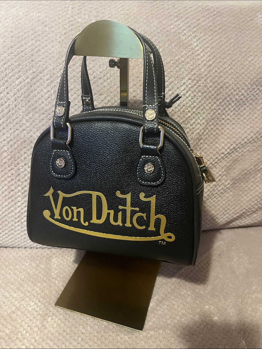 Von Dutch Black Mini Dome Handbag with Gold Logo Script